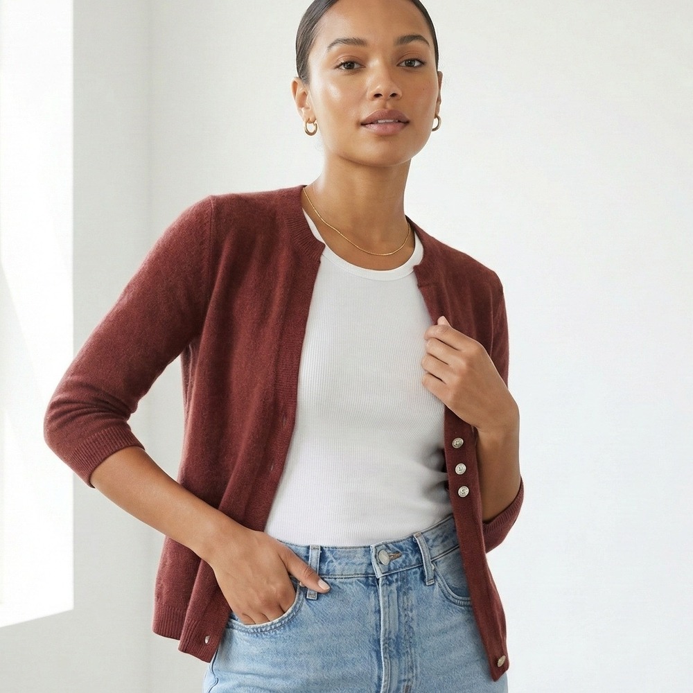 Cashmere Cardigan Sweater Split Henley Clean‎ Girl XS Hourglass Fit Academia Y2K